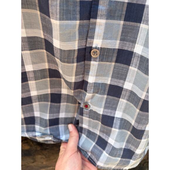 John Varvatos Blue Grey Plaid Short Sleeve Cuffed Button Down - Small - Picture 5 of 8